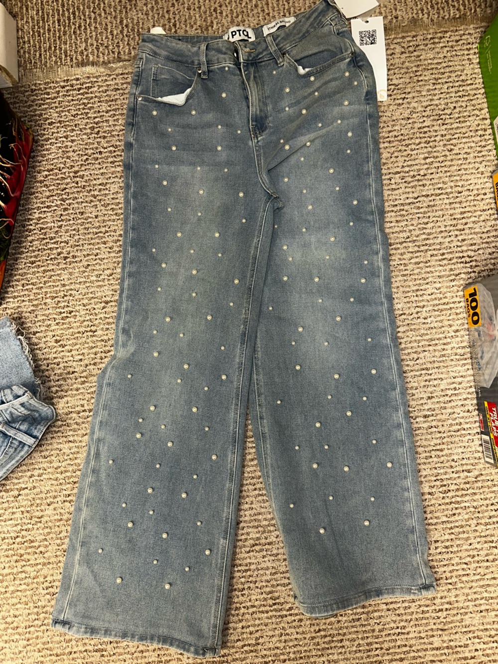 Wide Leg Pearl-Embellished Blue Jeans